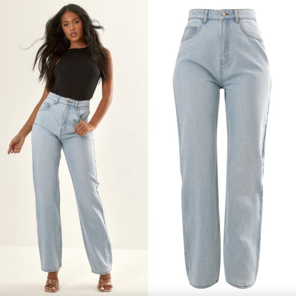 PrettyLittleThing Jeans Relaxed Fit High Rise Straight Leg Denim Light Wash SZ 4 - Picture 2 of 15